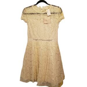 Ryu Anthropologie Cream Lace Dress Short Sleeve High Neck Nwt Medium